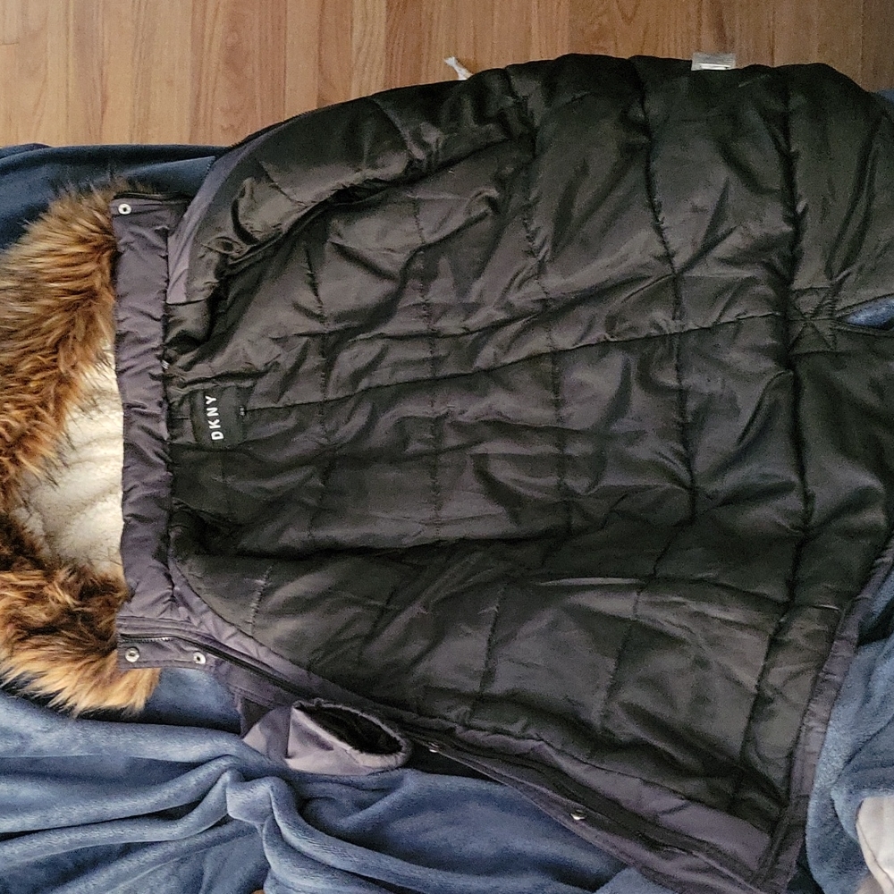 Kids DKNY long Puffer coat,  color charcoal size Med (10-12)